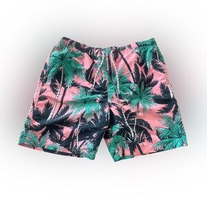 Men's Pink and Green Palm Print Swim Trunks Size M